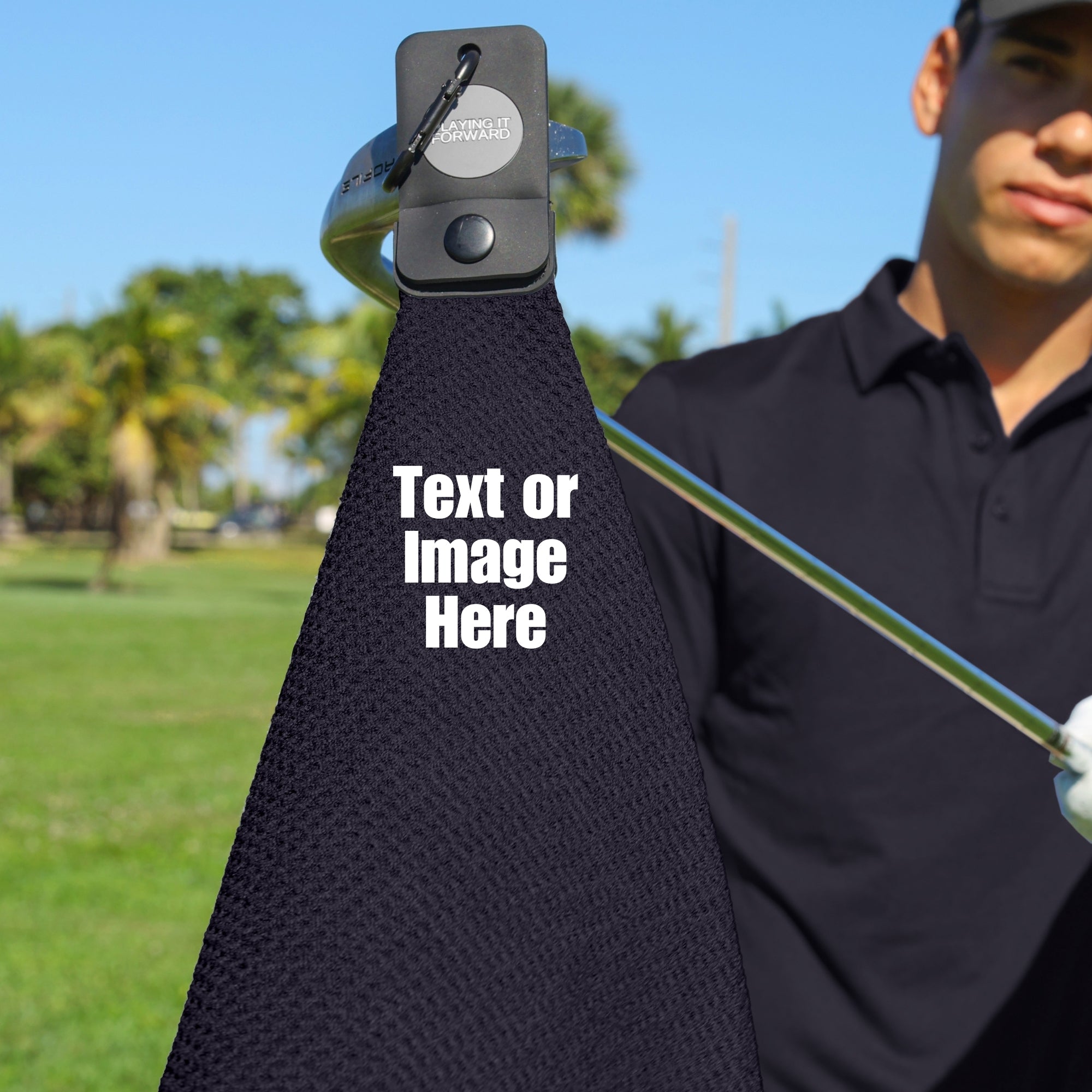 Custom Magnetic Waffle Weave Microfiber Golf Towel with Clip - Black