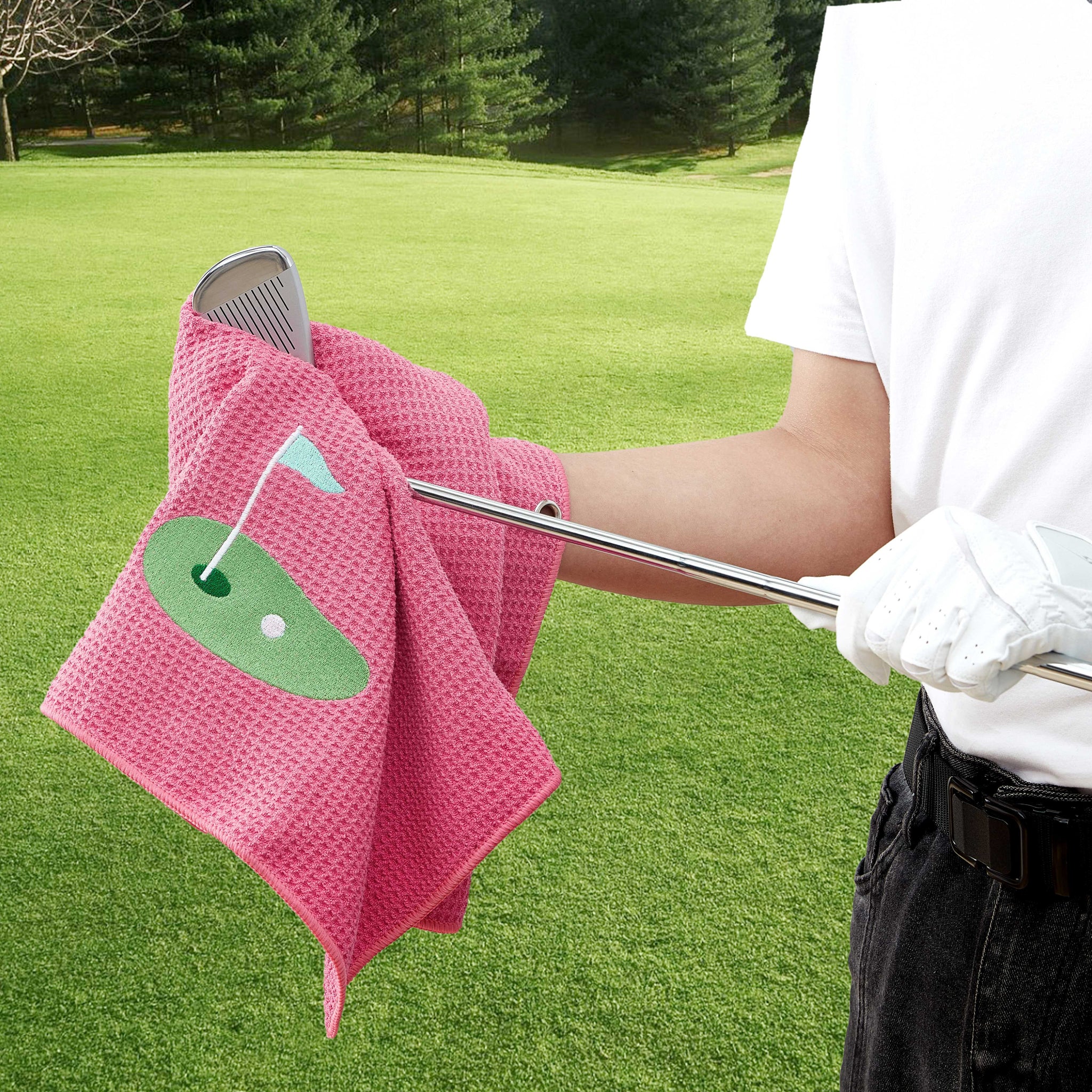 Putting Green Pink Premium Embroidered Set of 2 Microfiber Golf Towel