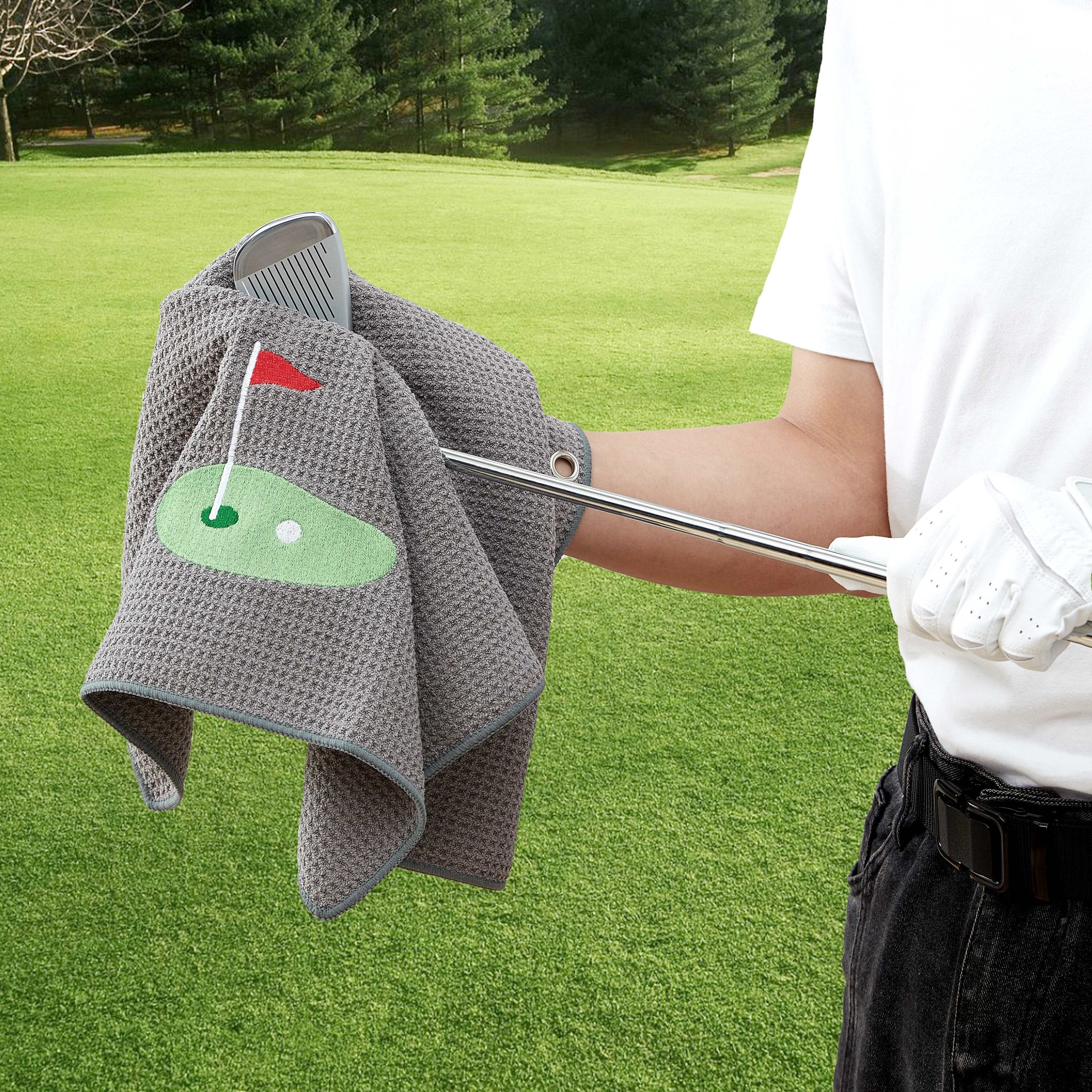 Putting Green Gray Premium Embroidered Set of 2 Microfiber Golf Towel